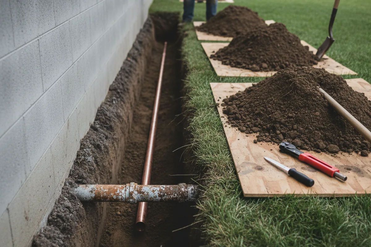 Excavated water line trench during Water Heater Repair in Oil Springs
